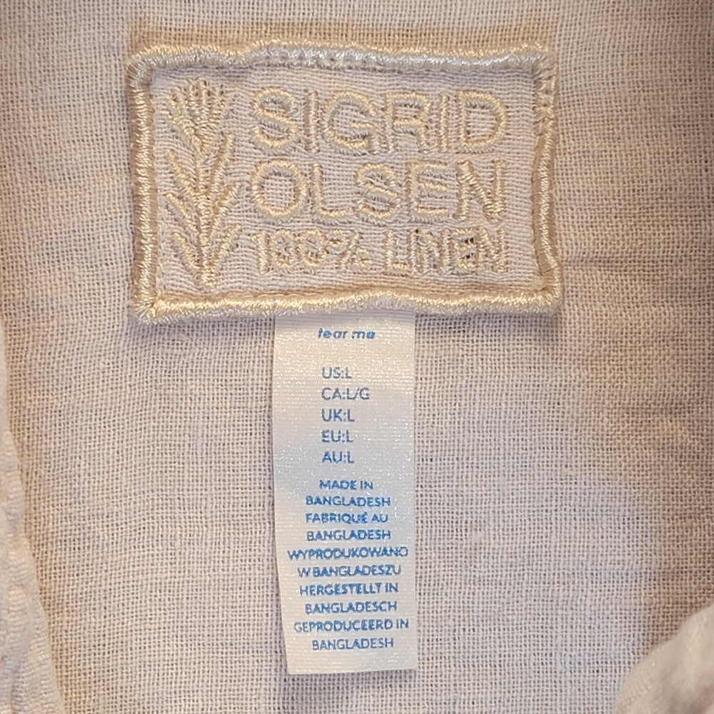 Sigrid Olsen 100% Linen Button Down Shirt Women's L Oatmeal Long Roll Tab Sleeve - Picture 7 of 10
